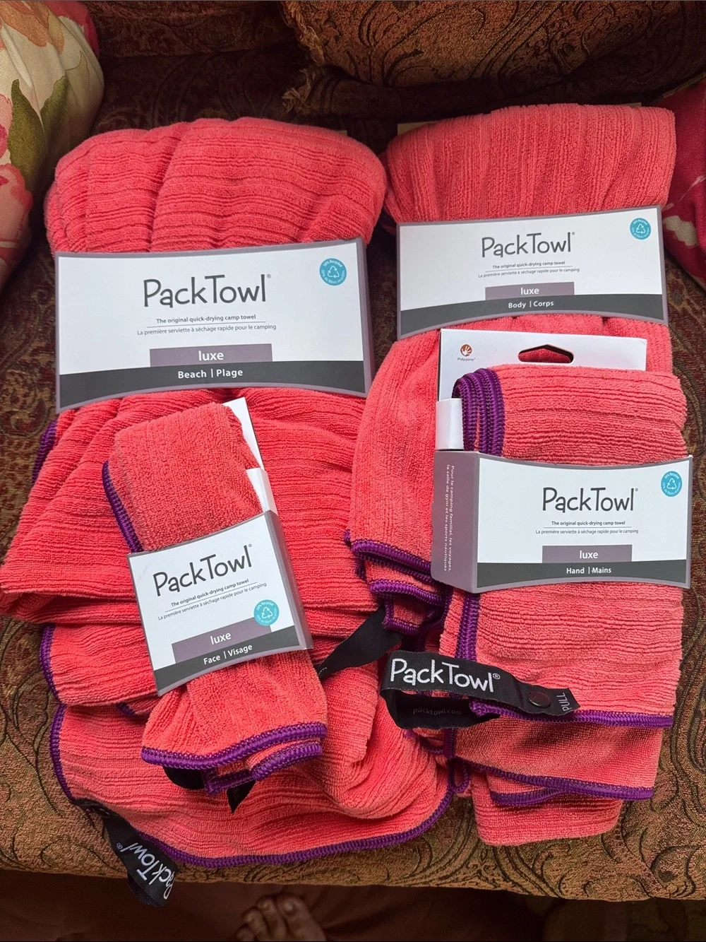 PackTowl Luxe set 4 Lightweight Microfiber Camping Travel towel coral NEW NWT